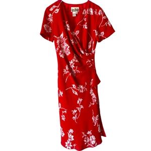 Sheri Martin | Vintage faux wrap dress. Red white floral. Size 8. Fully lined